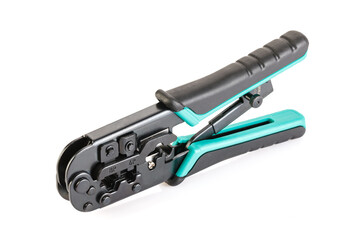 Modular crimper for RJ-45 and RJ-11 isolated on white background. internet or telephone line cables and crimper. Crimping connector RJ45 and LAN cable. Full depth of field. Close-up