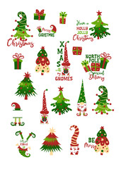 Christmas sticker set with gnomes, Christmas trees, elves, gift boxes isolated on white background.