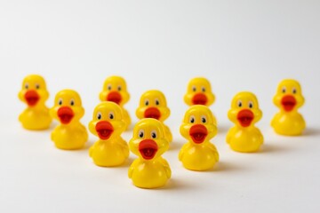 yellow ducklings in a row on a white background teamwork concept