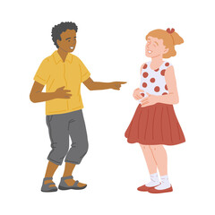 Boy making girl laugh behaving cute, flat cartoon vector illustration isolated