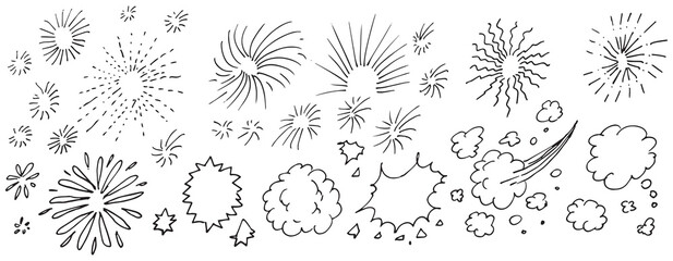 Sunburst and clouds hand drawn set