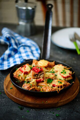 Crepes pie baked with cheese and tomatoes. selective focus