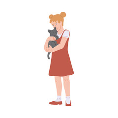 Happy kind girl kid character embracing cat, flat vector illustration isolated.
