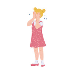 Sad blonde kid girl crying covering face with her hands a vector illustration