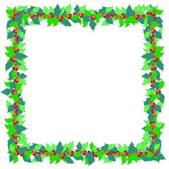 Christmas frame made of holly branches. Green leaves and red berries. Festive background for the New Year.