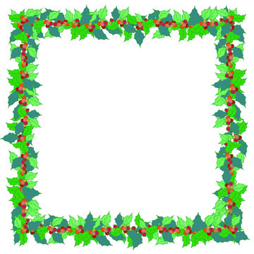 Christmas frame made of holly branches. Green leaves and red berries. Festive background for the New Year.