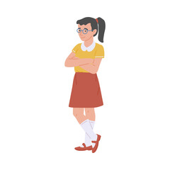 Smart confident girl in eyeglasses standing, flat vector illustration isolated.