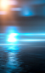 Dark street, wet asphalt, reflections of rays in the water. Abstract dark blue background, smoke, smog. Empty dark scene, neon light, spotlights. Concrete floor