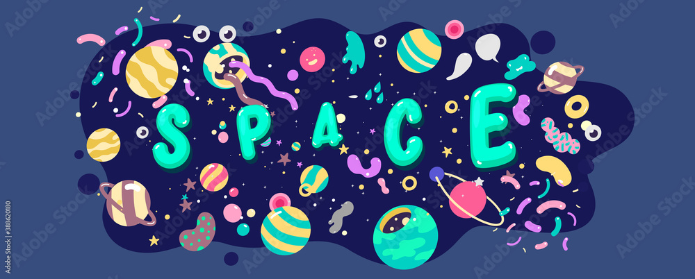 Wall mural big set of space objects and elements, painted cartoon style, illustration with outline. vector illu