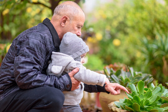 Two generations, family love. Happy grandfather with grandson outdoor together. Grandparent shows his grandchild plants when they walk in the winter garden.