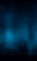 Dark street, wet asphalt, reflections of rays in the water. Abstract dark blue background, smoke, smog. Empty dark scene, neon light, spotlights. Concrete floor
