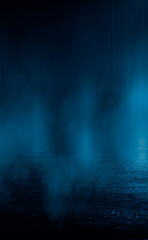 Obraz premium Dark street, wet asphalt, reflections of rays in the water. Abstract dark blue background, smoke, smog. Empty dark scene, neon light, spotlights. Concrete floor