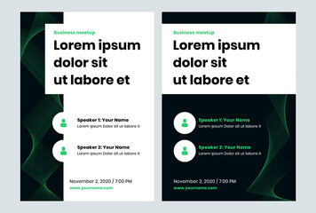 Business webinar set banners on a dark and white background. Green vector vertical templates for webinar, conference, e-mail, flyer, meetup, party, event, presentation, social media