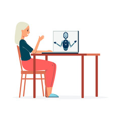 Woman communicating with chatbot service, flat vector illustration isolated.