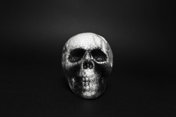 Close-up portrait of anatomical human spooky skull, on background of black color.