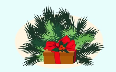 Merry Christmas and Happy New Year soft realistic pink and biue greeting card with gift, ribbon and green fir twigs