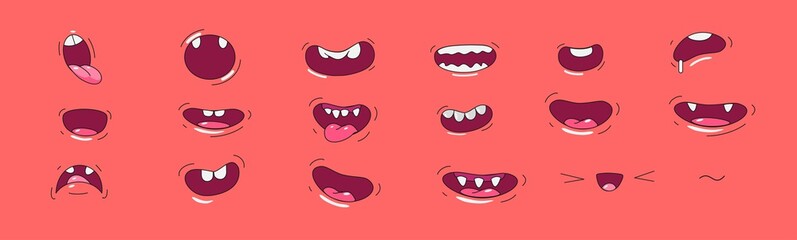 Big set of cartoon mouths and smiles. Painted style, illustration with outline. Vector illustration.