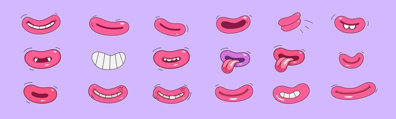 Big set of cartoon mouths and smiles. Painted style, illustration with outline. Vector illustration.