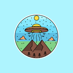 Ufo badge line art illustration design on blue background