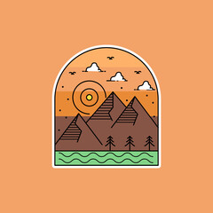 Adventure badge line art illustration design on orange backgrounds