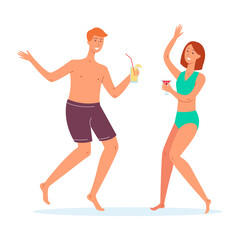 People in swimming clothes dance with cocktails vector illustration isolated.