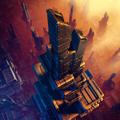 Futuristic architecture rendering. Science fiction cityscape in sunset colors. 3D rendering  © CROCOTHERY