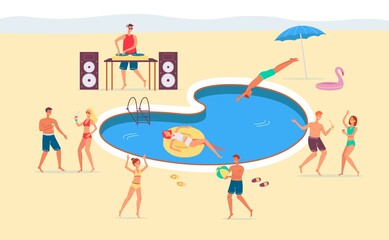 Obraz na płótnie Canvas Summer fun party by the pool or beach vector flat illustration