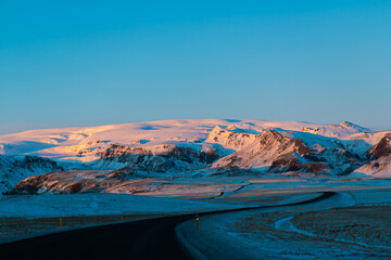 breathtaking winter landscape of Iceland. View from the road. Unusual beauty of nature