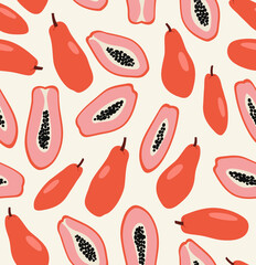 Seamless pattern of red papaya and half of pink papaya background elements on black background. Colorful background texture for textile, fabric, paper. Vegan food illustration. Tropical fruits pattern