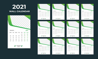 2021 wall calendar design. Set of 12 months. Week starts Monday.Ready for print.