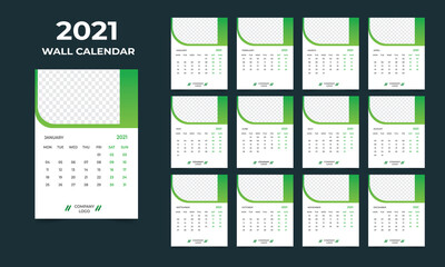 2021 wall calendar design. Set of 12 months. Week starts Monday.Ready for print.