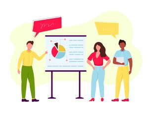 Young confident business man and woman near the standing presentation display board, pointing with hands, effective teamwork, presenting graphics. Business people work concept. Vector isolated.