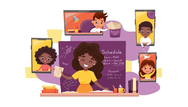 Online learning vector stock illustration. Study at home, online test, distance learning concept. Brunette teacher with dark skin teaches children online using a smartphone, laptop and tablet