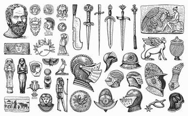 Antique elements. Knightly weapons and armor. Egyptian vases, mummy and sarcophagus. Ancient Statues and Swords. Museum inventory. Hand drawn sketch. Engraved old vector illustration.