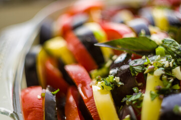 Ratatouille Diet Vegetarian Vegan Food - A traditional French Provencal vegetable dish, raw ingredients for baking in the oven, macro photo.
