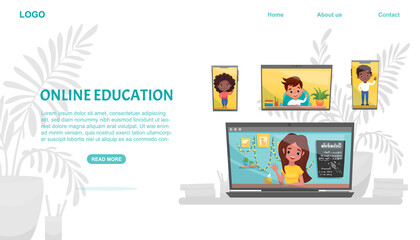 E-learning website template. Online education. Classmates using laptop and smartphones. Study at home with hand-drawn elements. Web courses or tutorials for learning. Vector flat cartoon illustration