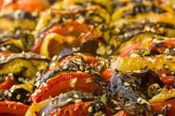 Obraz na płótnie Canvas Ratatouille Diet Vegetarian Vegan Food - Oven Baked Provencal Traditional French Vegetable Dish, macro photo.
