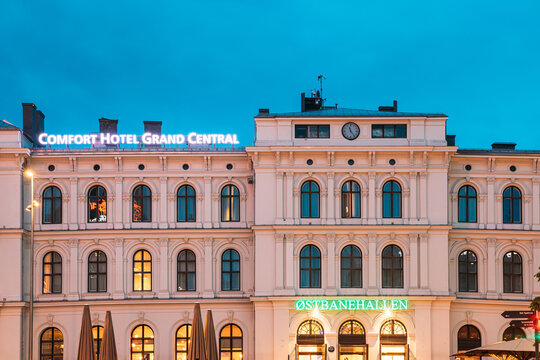Oslo, Norway. Night View Of Comfort Hotel Grand Central Near Oslo Central  Station Railway Station. Stock Photo | Adobe Stock