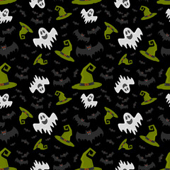 Pattern with ghost, bats and witch hat . Helloween.  illustration. or gift paper, textiles, clothes, social networks, wallpaper, prints, festive decor.