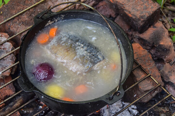 fish soup with onions and carrots on the fire in a cauldron