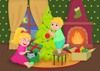 Obraz na płótnie Canvas New year's children's illustration. A girl opens a gift, a boy dresses up a Christmas tree. Print for postcards, posters, fairy tales. Cute brother and sister celebrate a home holiday. Stock drawing 