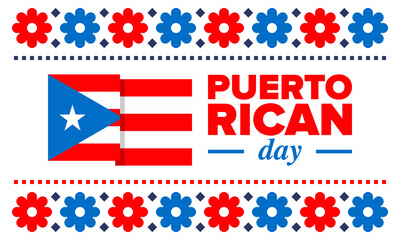 Puerto Rican Day. National happy holiday. Festival and parade in honor of independence and freedom. Puerto Rico flag. Latin american country. Patriotic elements. Vector poster illustration