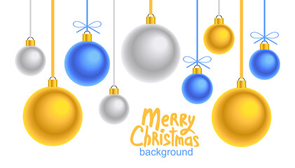 Christmas Blue and Yellow Balls background. Holiday decoration template. Flat Style
