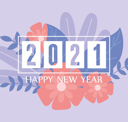 2021 happy new year, floral invitation card flowers leaves celebration