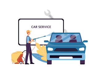 Obraz premium Automobile maintenance center for repair cars, flat cartoon vector illustration