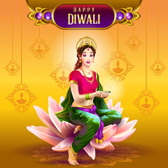 Beautiful girl dressed like Lakshmi holding lamp