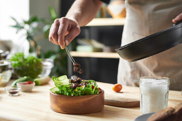 Close-up of chef putting fried meat on the plate with vegetables he cooking dish from chef