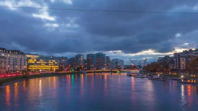 timelapse cityscape cloudy day Night City Business financial river Traffic Bridge motion 4k