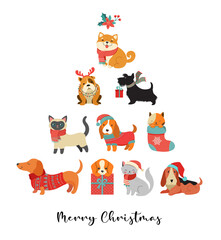 Collection of Christmas cats and dogs, Merry Christmas illustrations of cute pets with accessories like a knitted hats, sweaters, scarfs 