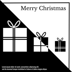 Merry Christmas postcard, banner, flyer, black outline on white background. New Year's gifts for everyone, text, geometric shapes. Isolated vector illustration, icon
